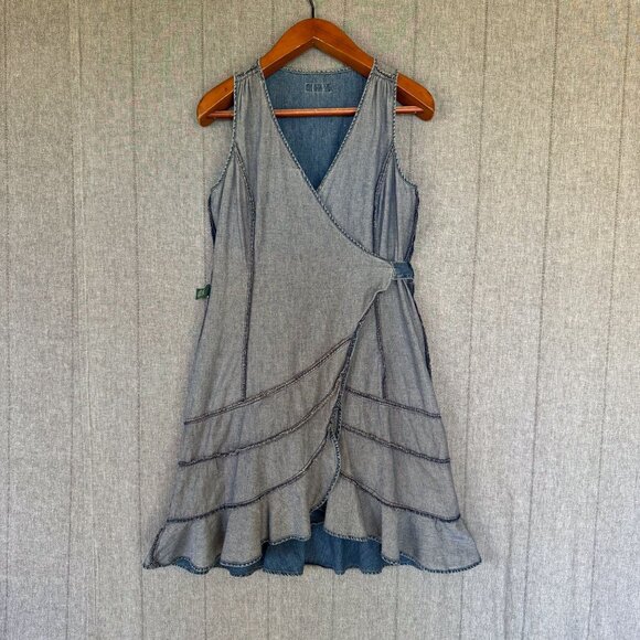 Lauren Ralph Lauren Cotton Denim Triple Ruffle Hem True  Wrap Midi Dress Size 10 - Picture 9 of 14